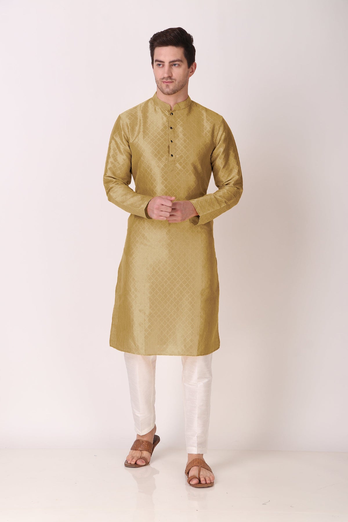 Men's Olive Green Art Silk Woven Kurta Pajama Set