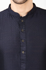 Men's Navy Blue Woven Art Silk Kurta Pajama Set