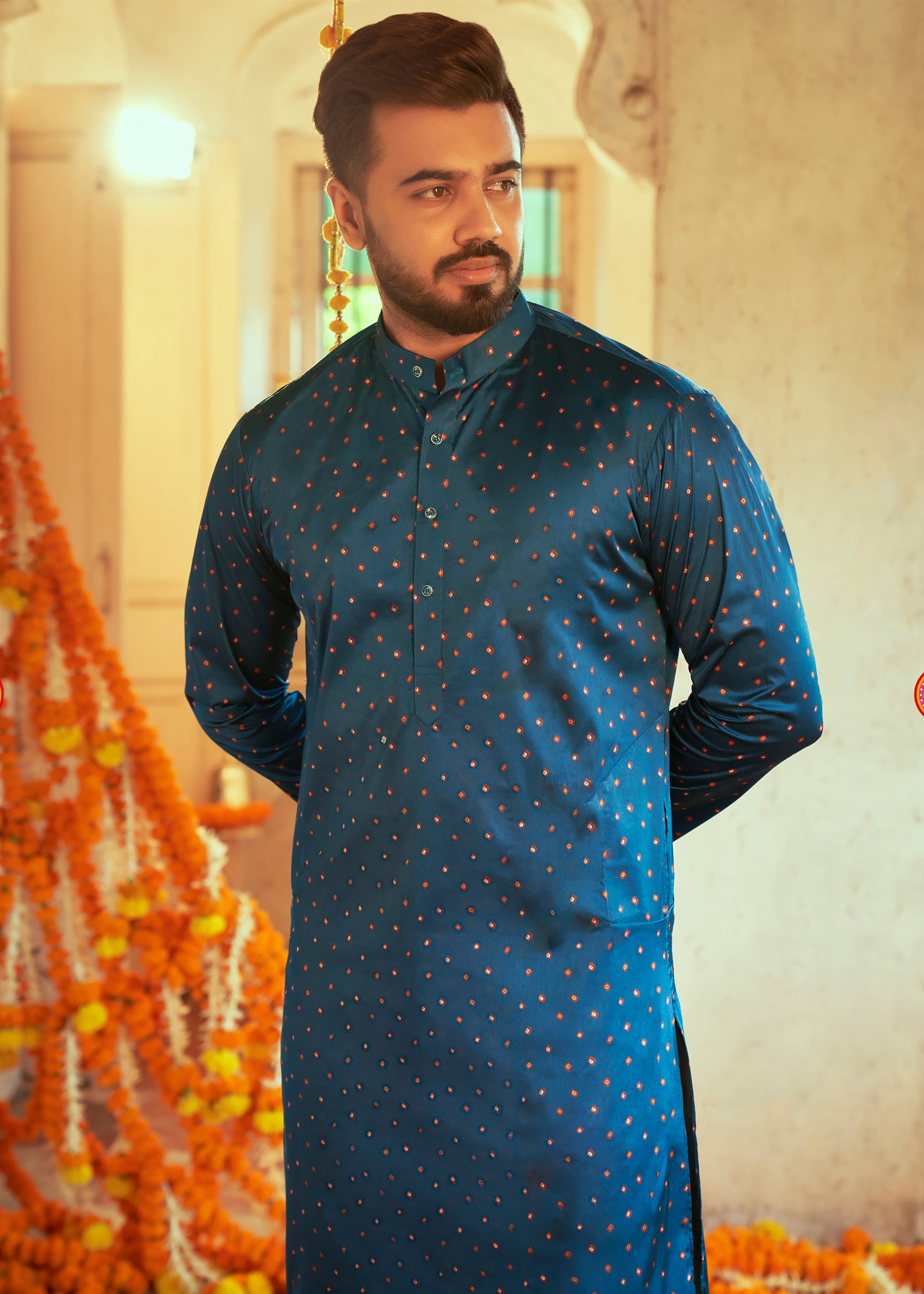 Men's Navy Blue Printed Cotton Kurta Pajama Set