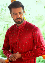 Men's Red Printed Cotton Kurta Pajama Set