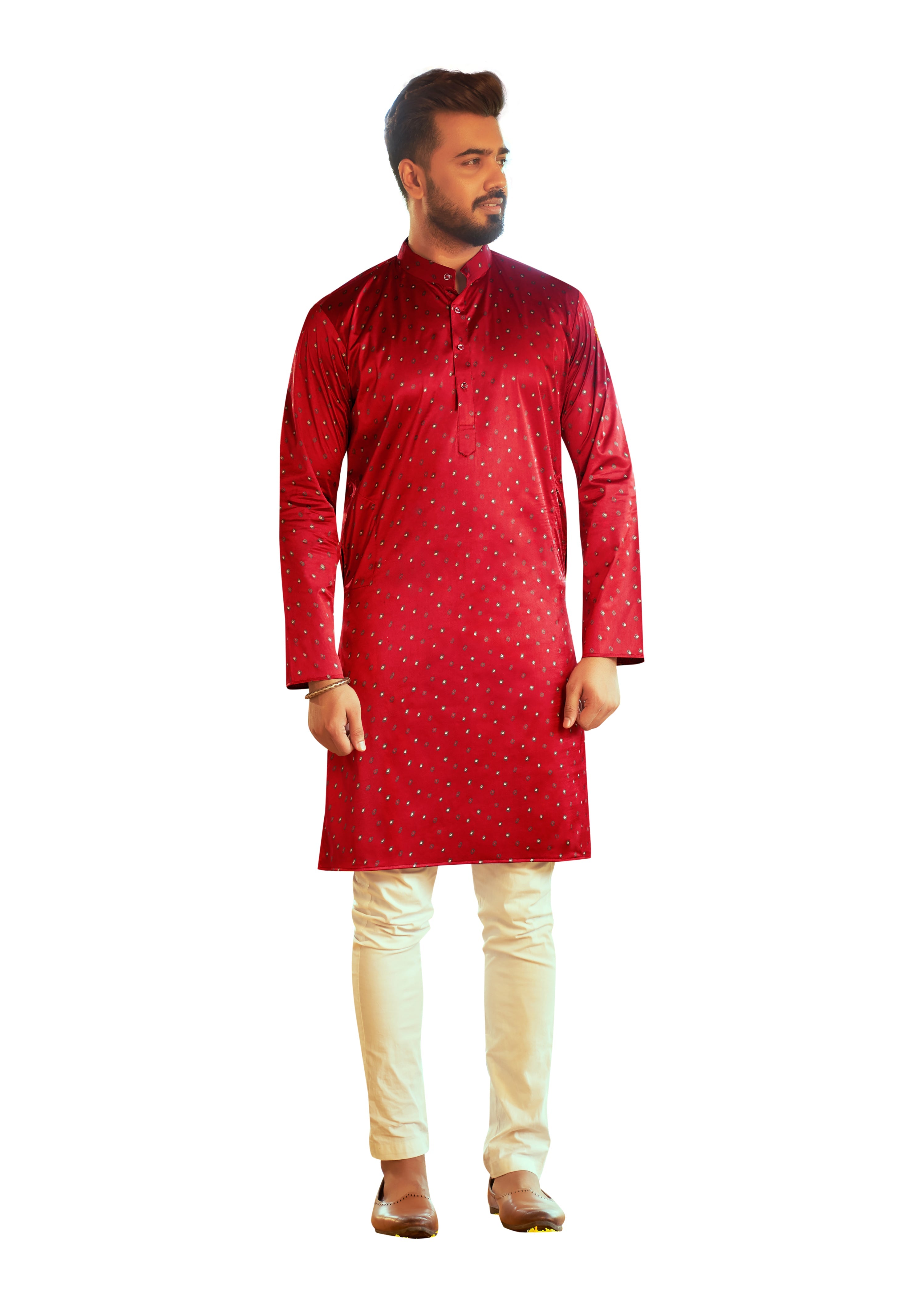 Men's Red Printed Cotton Kurta Pajama Set