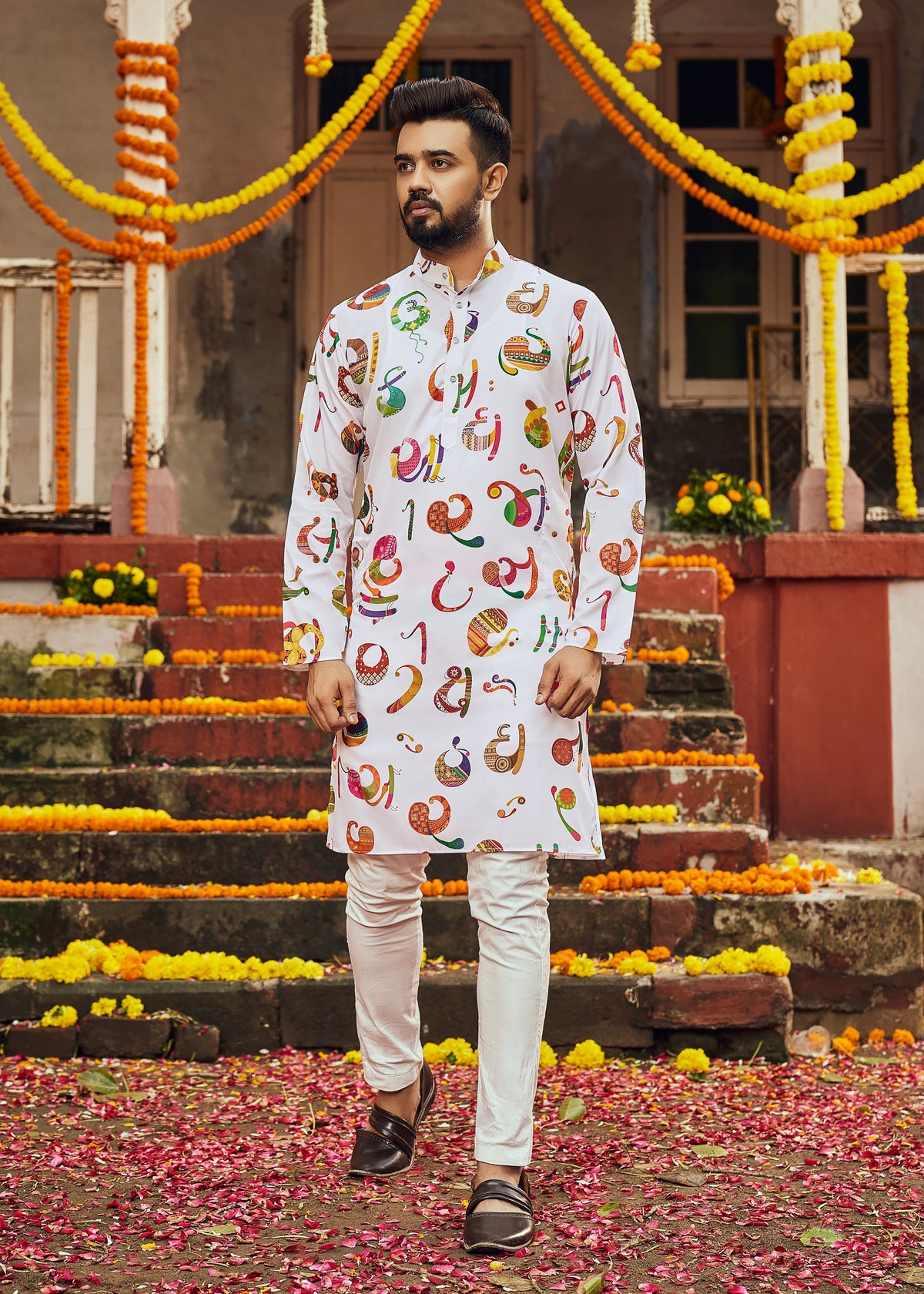 Men's White Printed Cotton Kurta Pajama Set