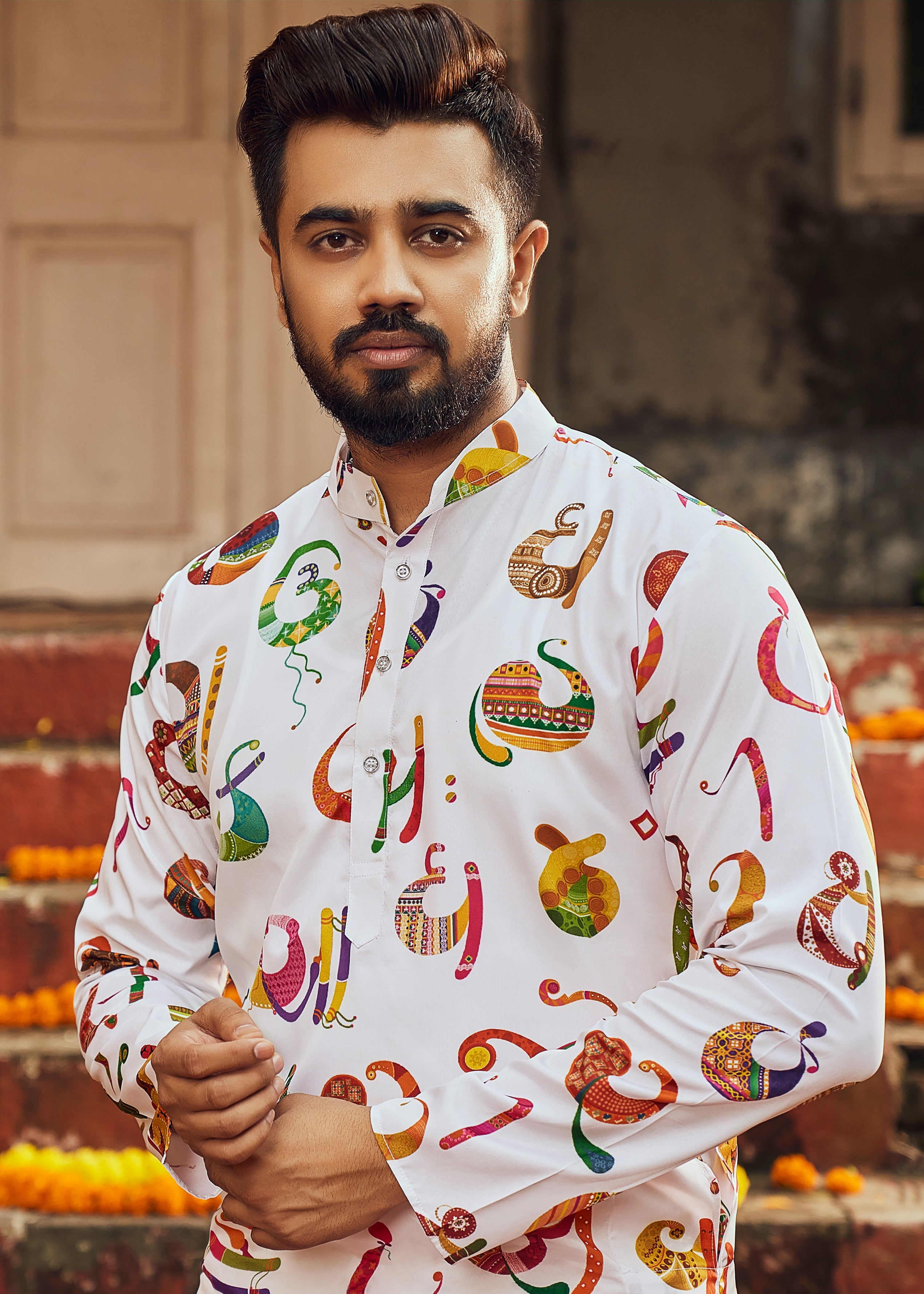 Men's White Printed Cotton Kurta Pajama Set