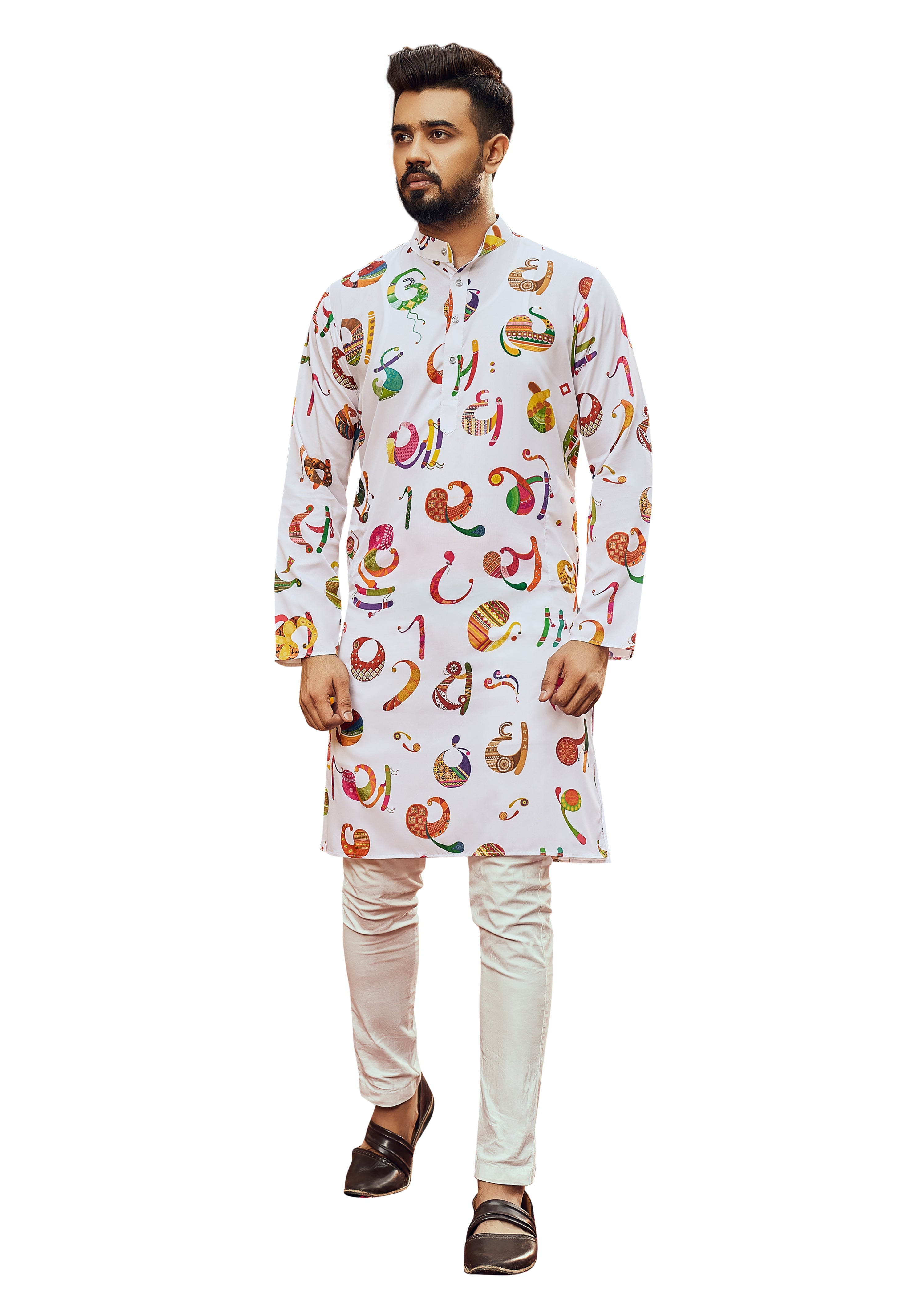 Men's White Printed Cotton Kurta Pajama Set