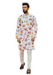 Men's White Printed Cotton Kurta Pajama Set