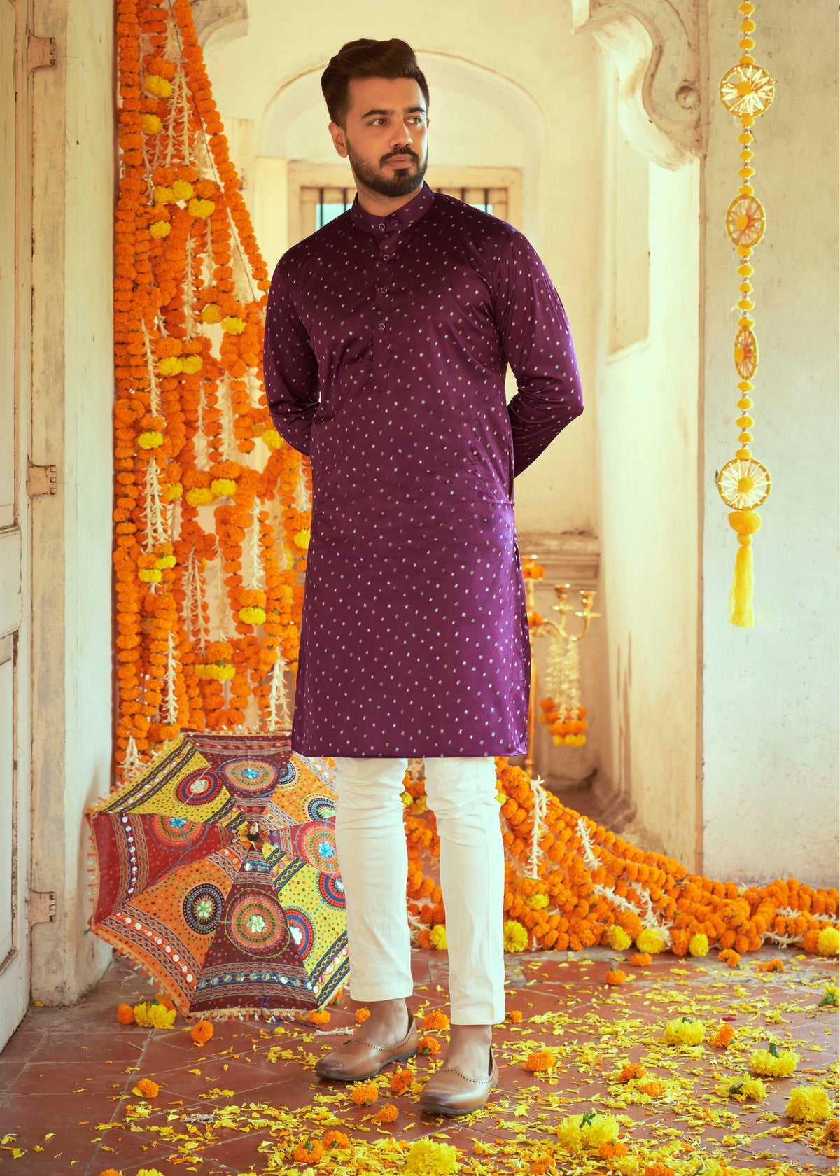 Men's Wine Printed Cotton Kurta Pajama Set