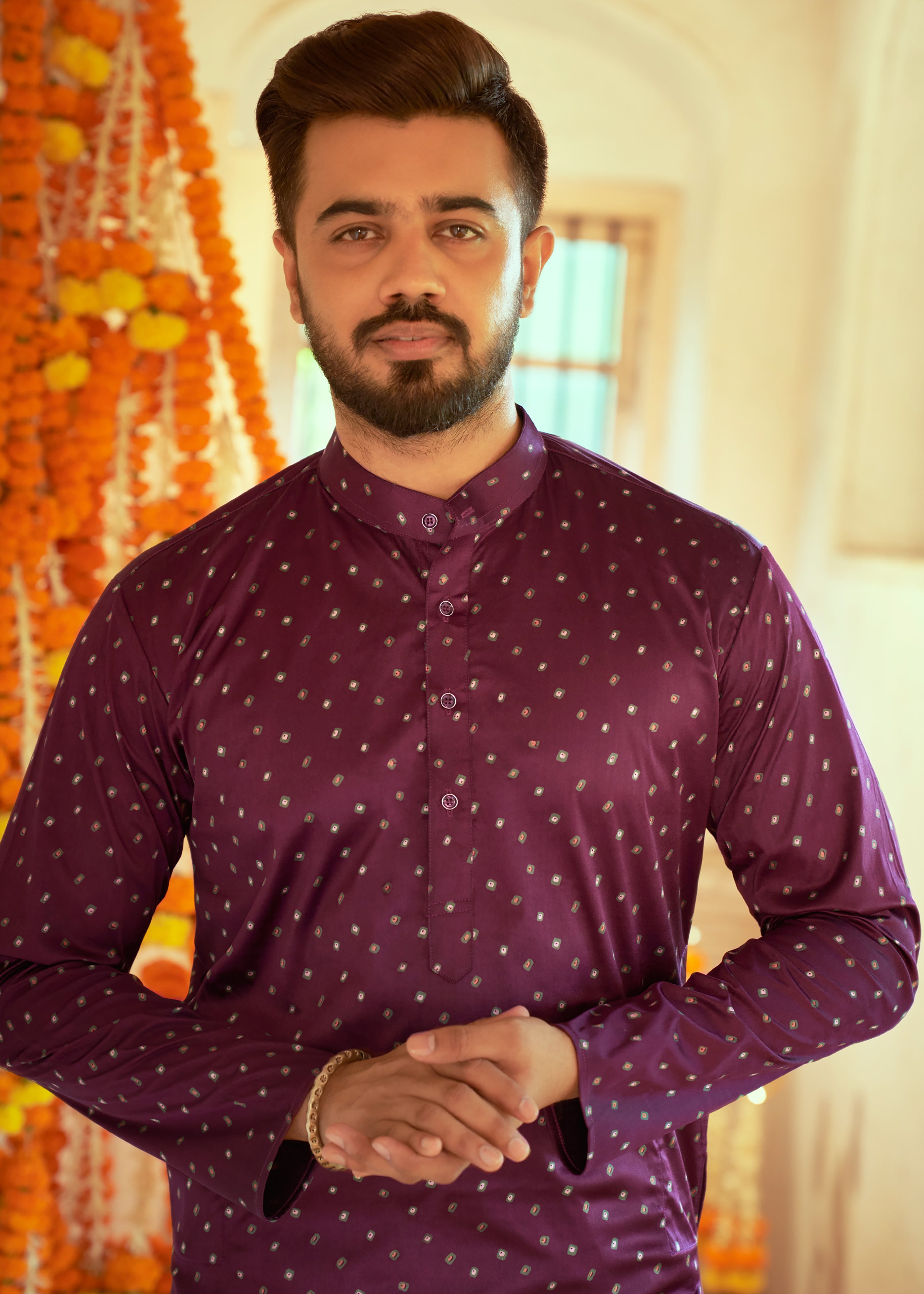 Men's Wine Printed Cotton Kurta Pajama Set