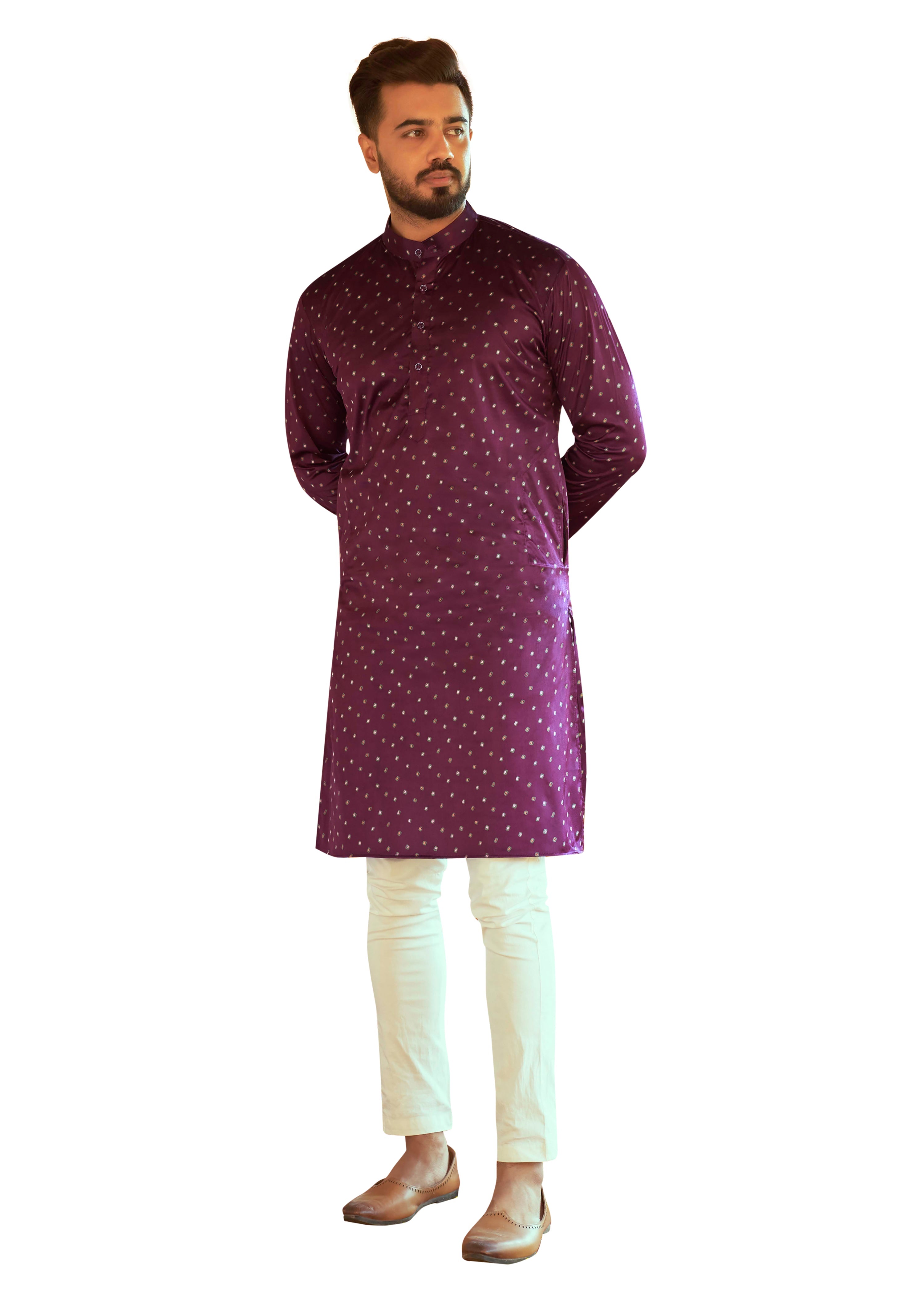 Men's Wine Printed Cotton Kurta Pajama Set