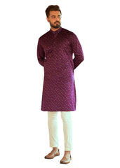 Men's Wine Printed Cotton Kurta Pajama Set