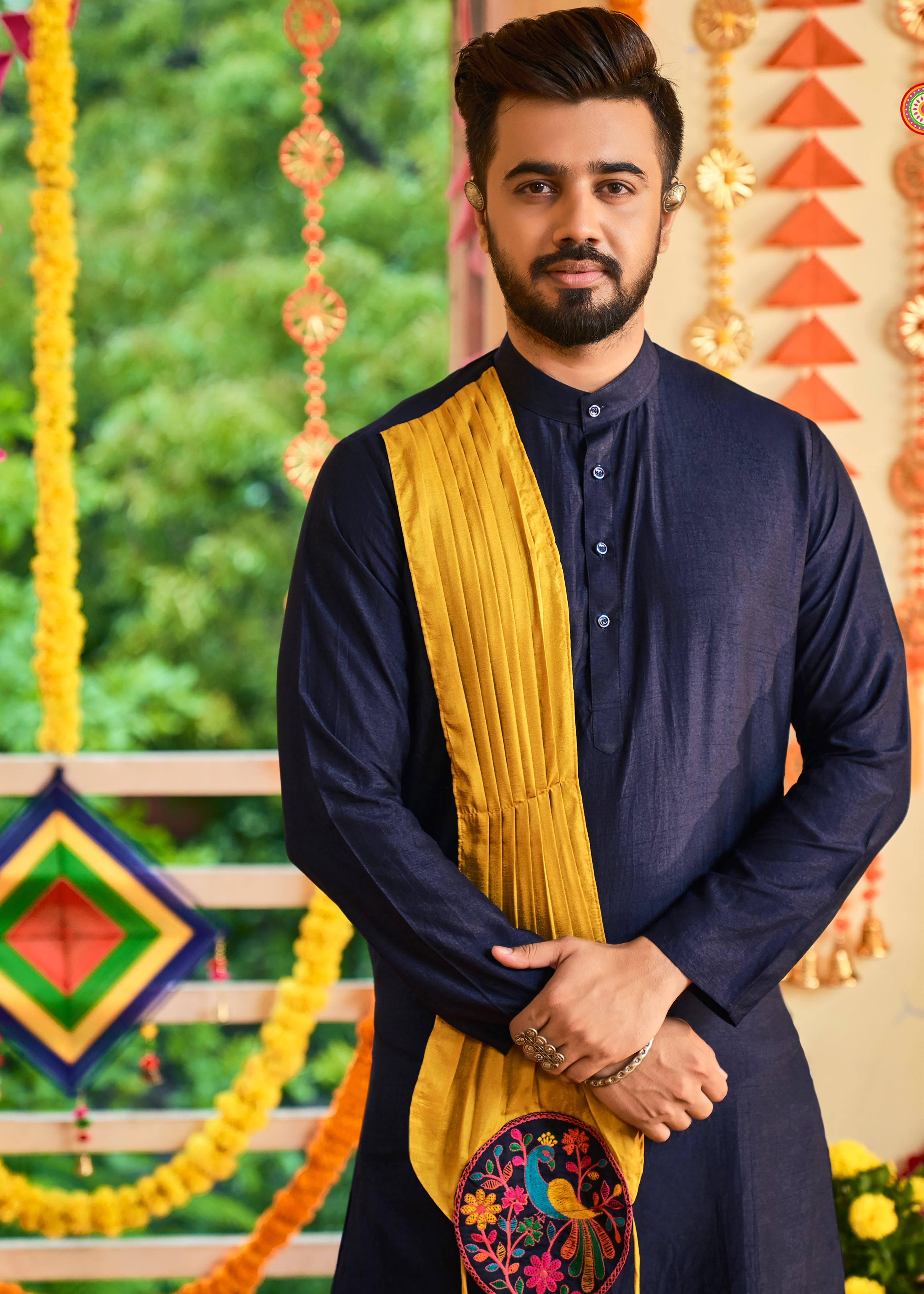 Men's Navy Blue Rayon Printed  Kurta Pajama Set