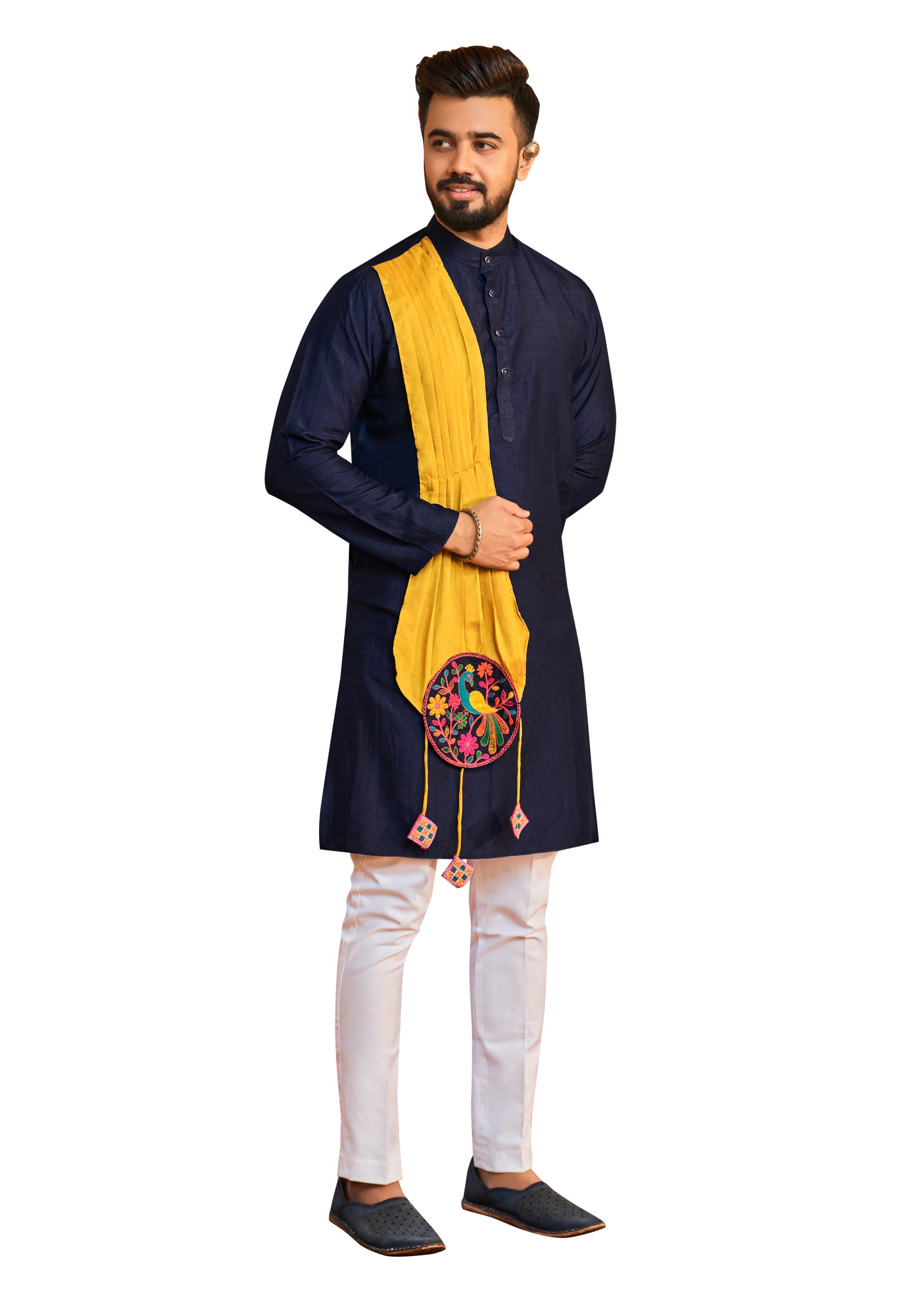 Men's Navy Blue Rayon Printed  Kurta Pajama Set