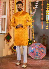 Men's Yellow Rayon Printed Kurta Pajama Set