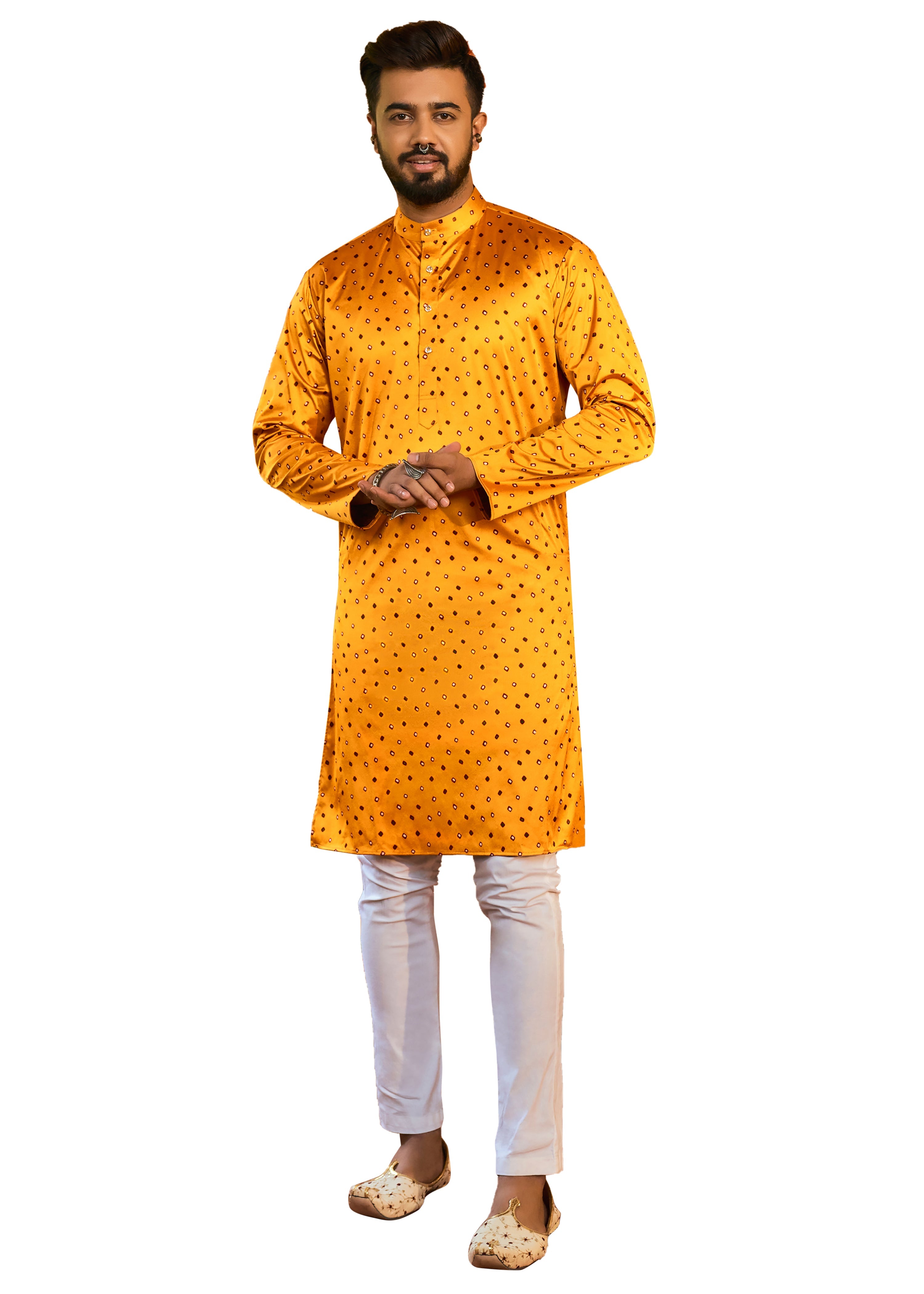 Men's Yellow Rayon Printed Kurta Pajama Set