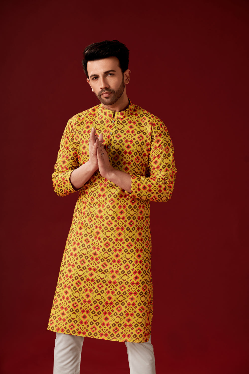 Men's Yellow Orange Printed Cotton Kurta Pajama Set