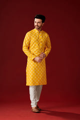 Men's Yellow Printed Cotton Kurta Pajama Set