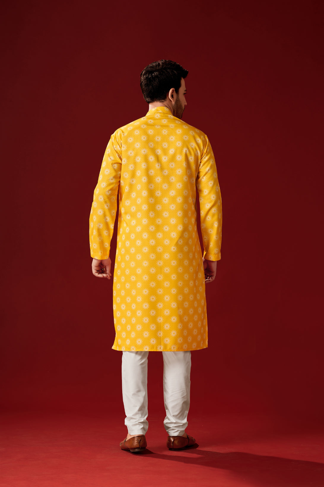 Men's Yellow Printed Cotton Kurta Pajama Set