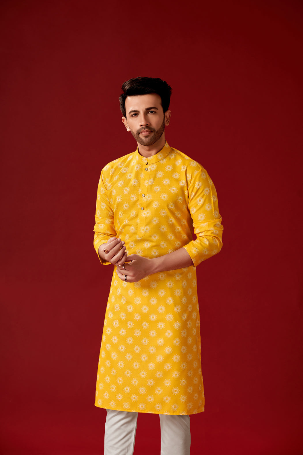 Men's Yellow Printed Cotton Kurta Pajama Set