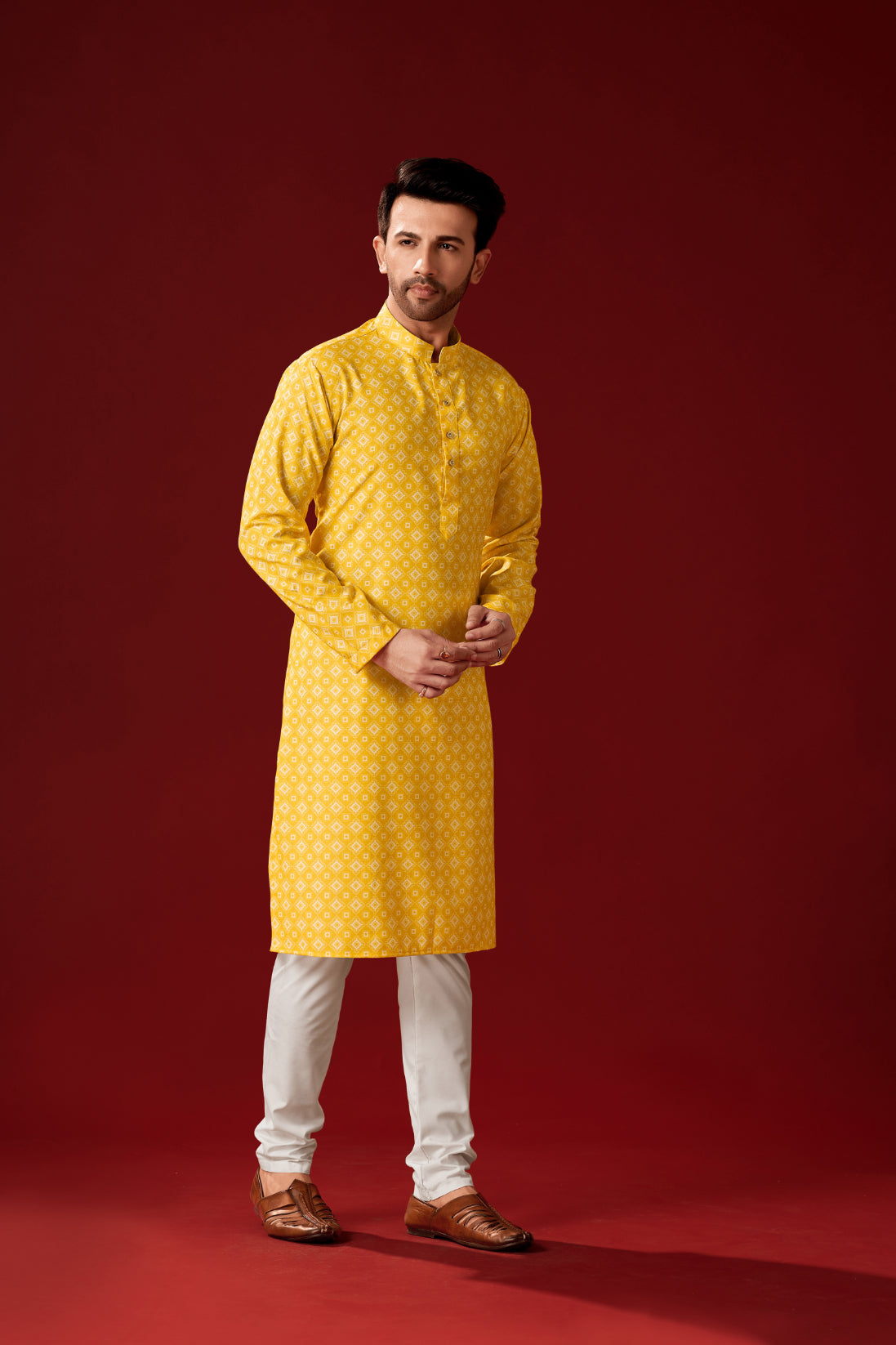 Men's Yellow Printed Tunic Cotton Kurta Pajama Set