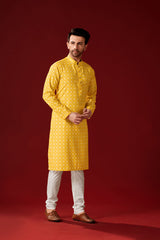 Men's Yellow Printed Tunic Cotton Kurta Pajama Set