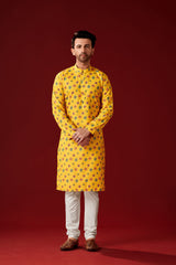 Men's Yellow Printed Cotton Kurta Pajama Set