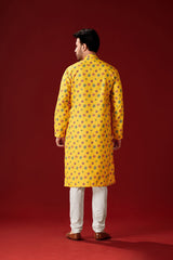 Men's Yellow Printed Cotton Kurta Pajama Set