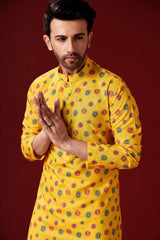 Men's Yellow Printed Cotton Kurta Pajama Set