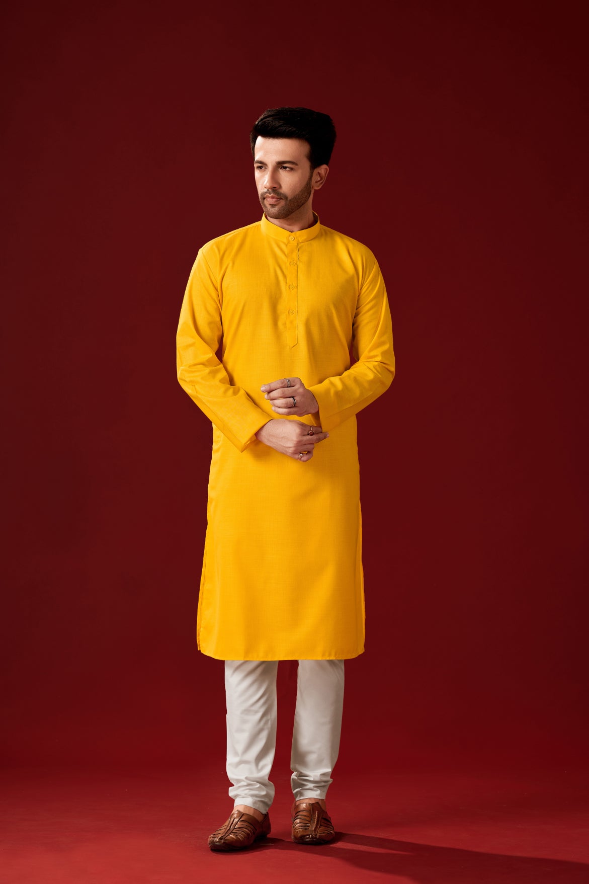 Men's Yellow Solid Cotton Kurta Pajama Set For Haldi