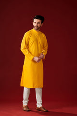 Men's Yellow Solid Cotton Kurta Pajama Set For Haldi