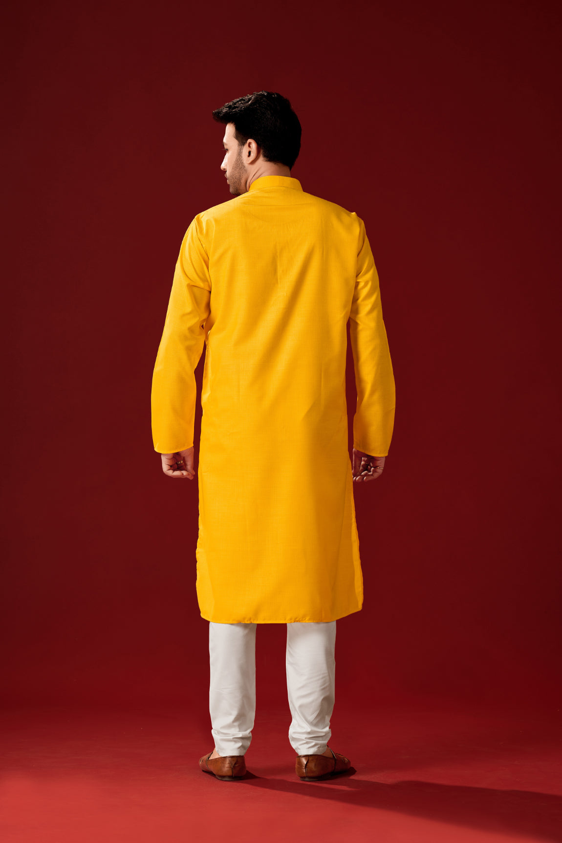 Men's Yellow Solid Cotton Kurta Pajama Set For Haldi