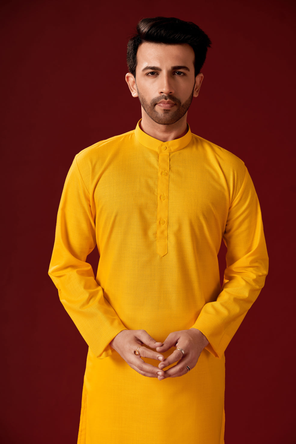 Men's Yellow Solid Cotton Kurta Pajama Set For Haldi