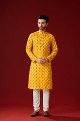 Men's Yellow Solid Cotton Kurta Pajama Set Haldi Outfit