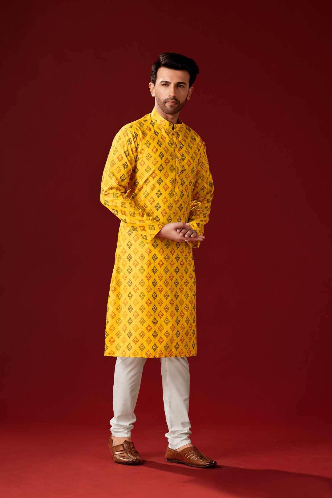 Men's Yellow Solid Cotton Kurta Pajama Set Haldi Outfit