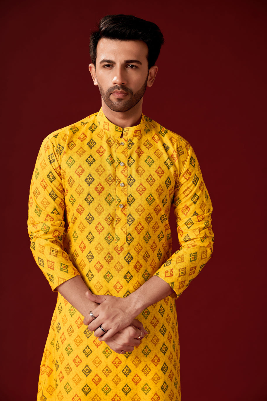 Men's Yellow Solid Cotton Kurta Pajama Set Haldi Outfit