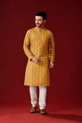 Men's Yellow Cotton Solid  Kurta Pajama Set