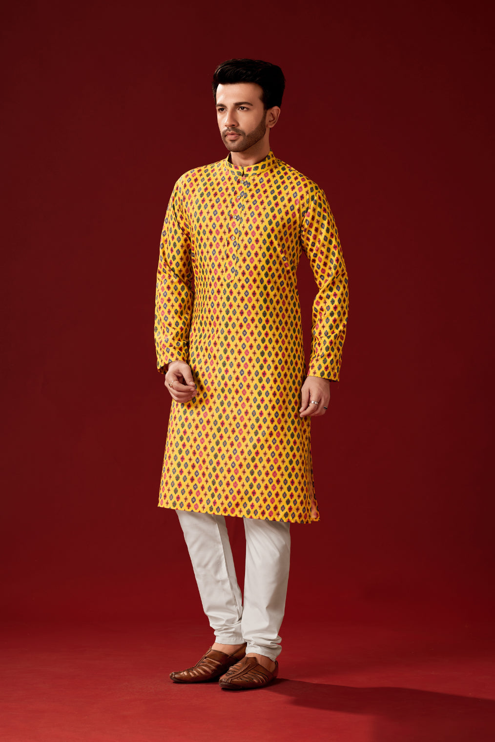 Men's Yellow Cotton Solid  Kurta Pajama Set