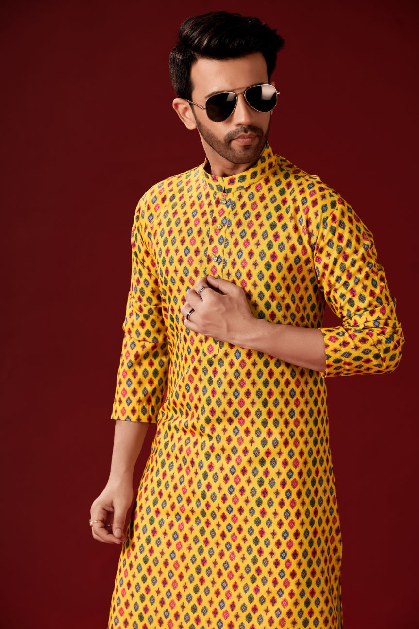 Men's Yellow Cotton Solid  Kurta Pajama Set