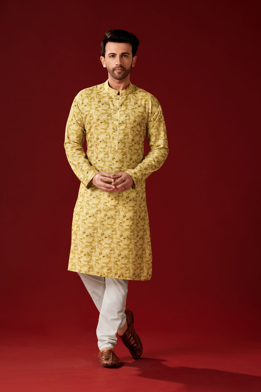 Men's Clay Brown Printed Cotton Kurta Pajama Set