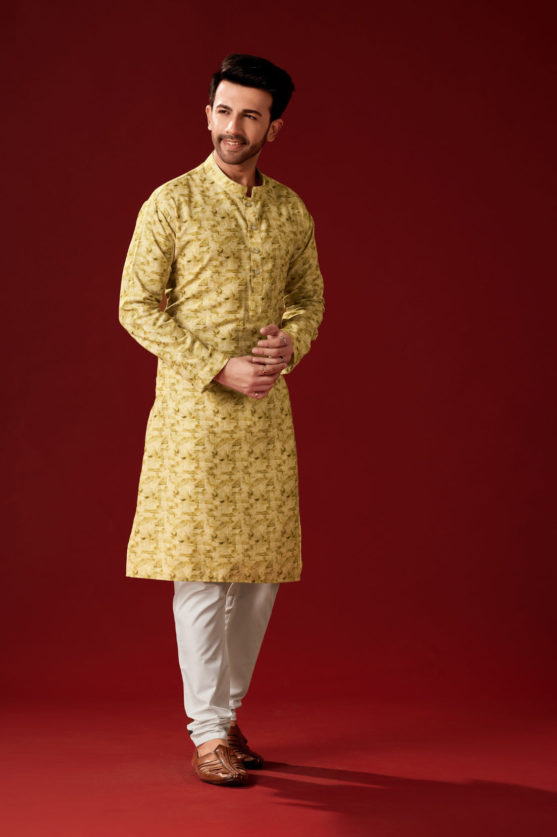 Men's Clay Brown Printed Cotton Kurta Pajama Set