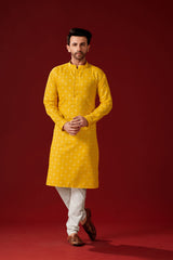 Men's Mustard Printed Cotton Kurta Pajama Set