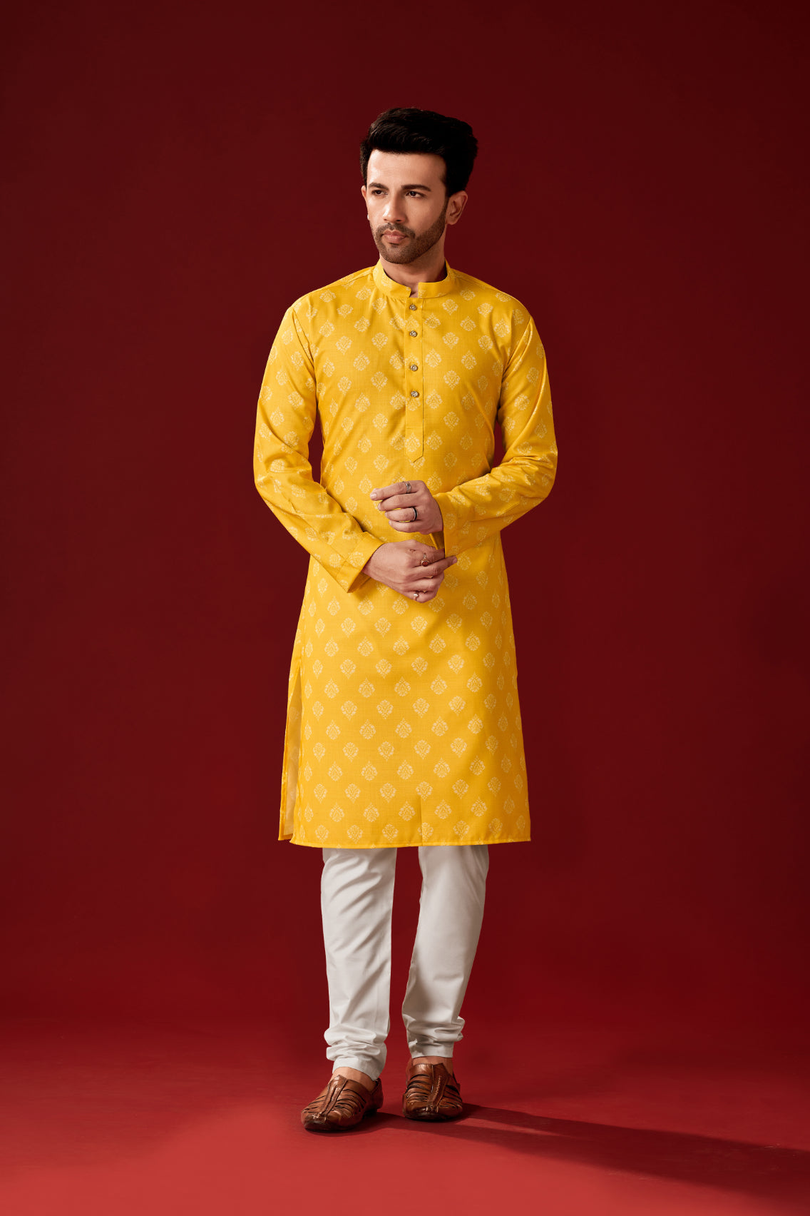 Men's Yellow Cotton Printed Kurta Pajama Set