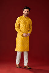 Men's Yellow Cotton Printed Kurta Pajama Set