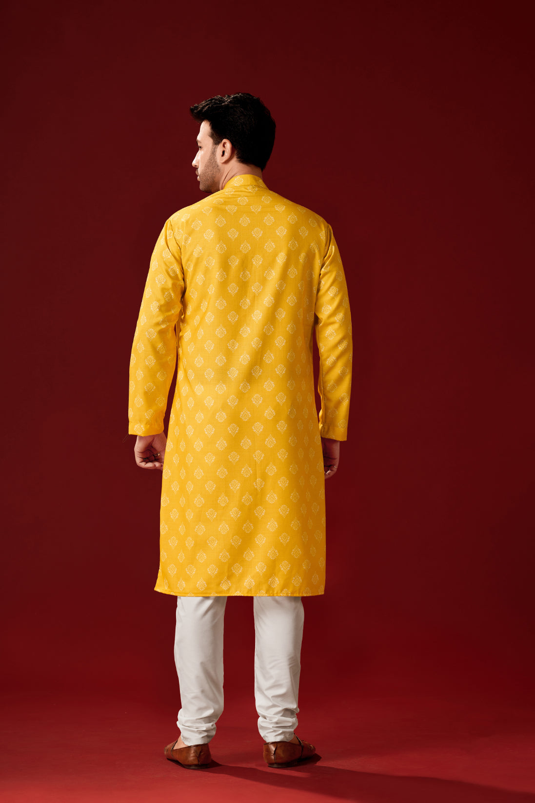 Men's Yellow Cotton Printed Kurta Pajama Set