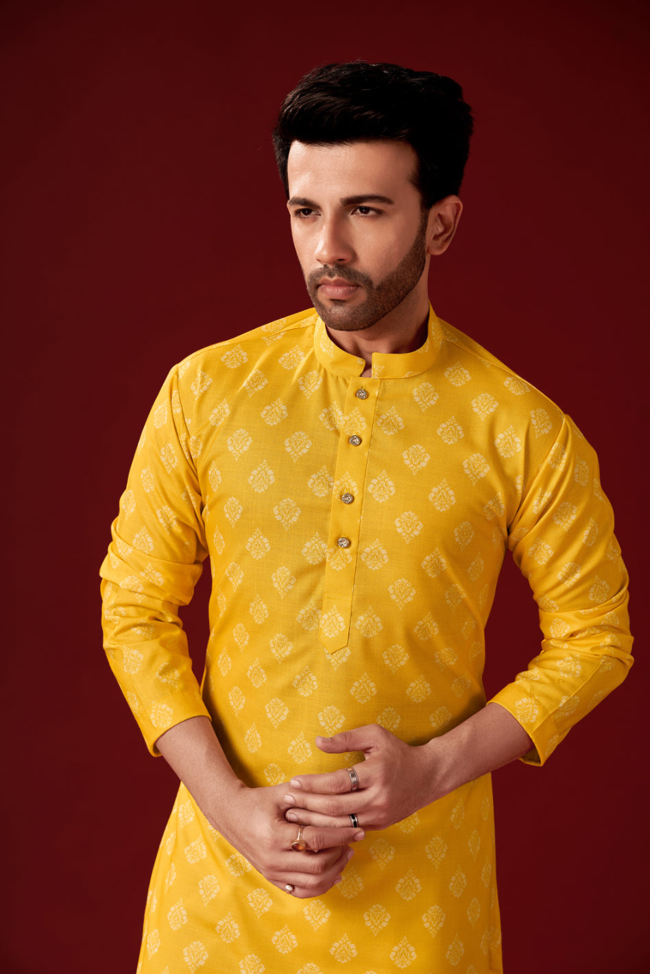 Men's Yellow Cotton Printed Kurta Pajama Set