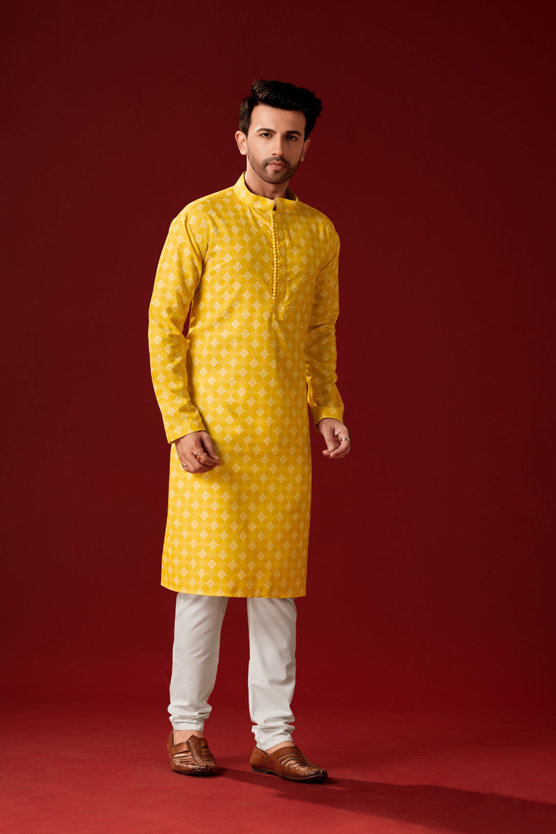 Men's Yellow Printed Cotton Kurta Pajama Set