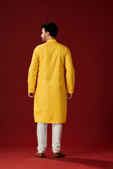 Men's Yellow Printed Cotton Kurta Pajama Set