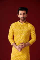 Men's Yellow Printed Cotton Kurta Pajama Set