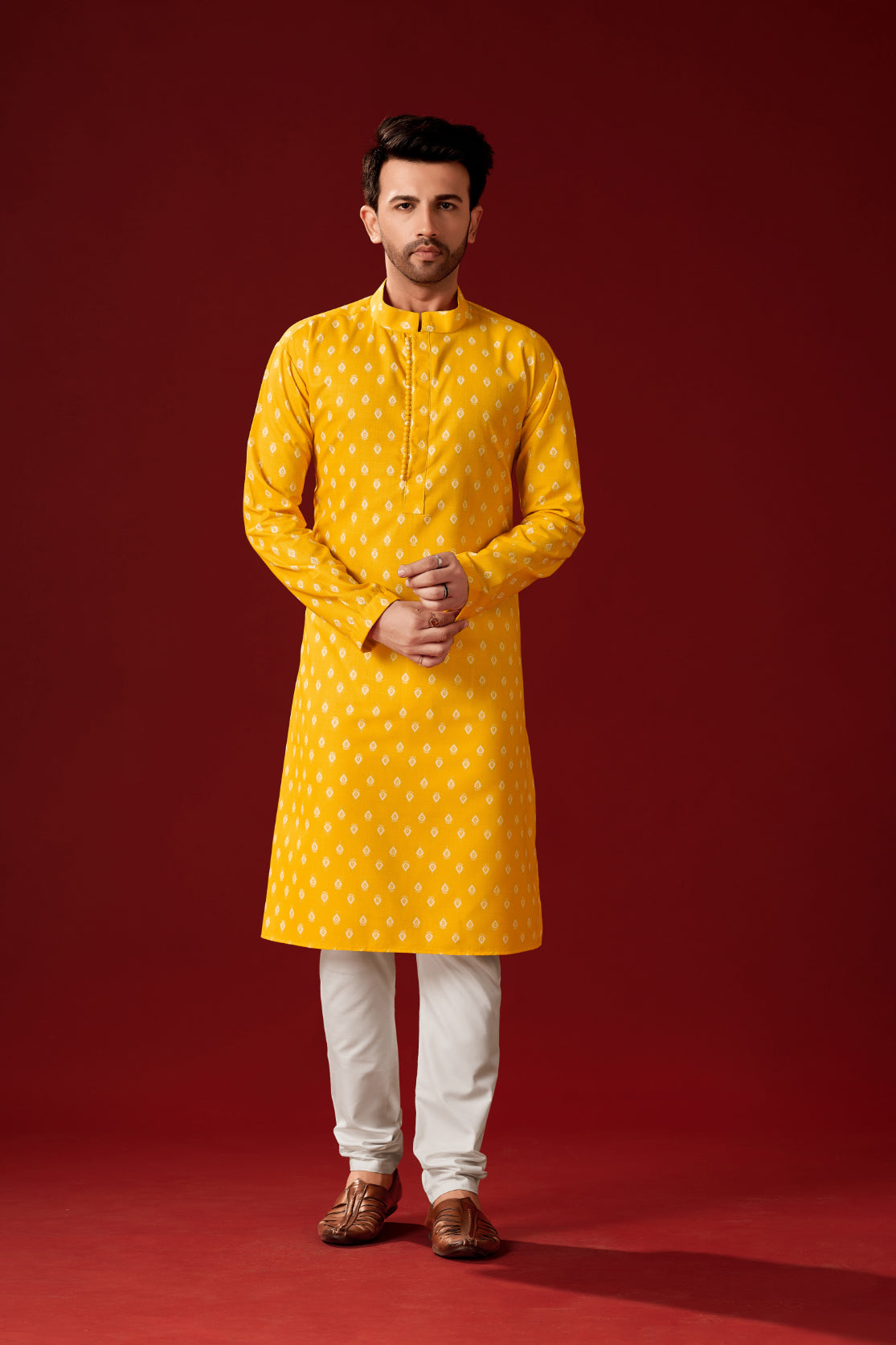 Men's Yellow Printed Cotton Kurta Pajama Set Haldi Outfit