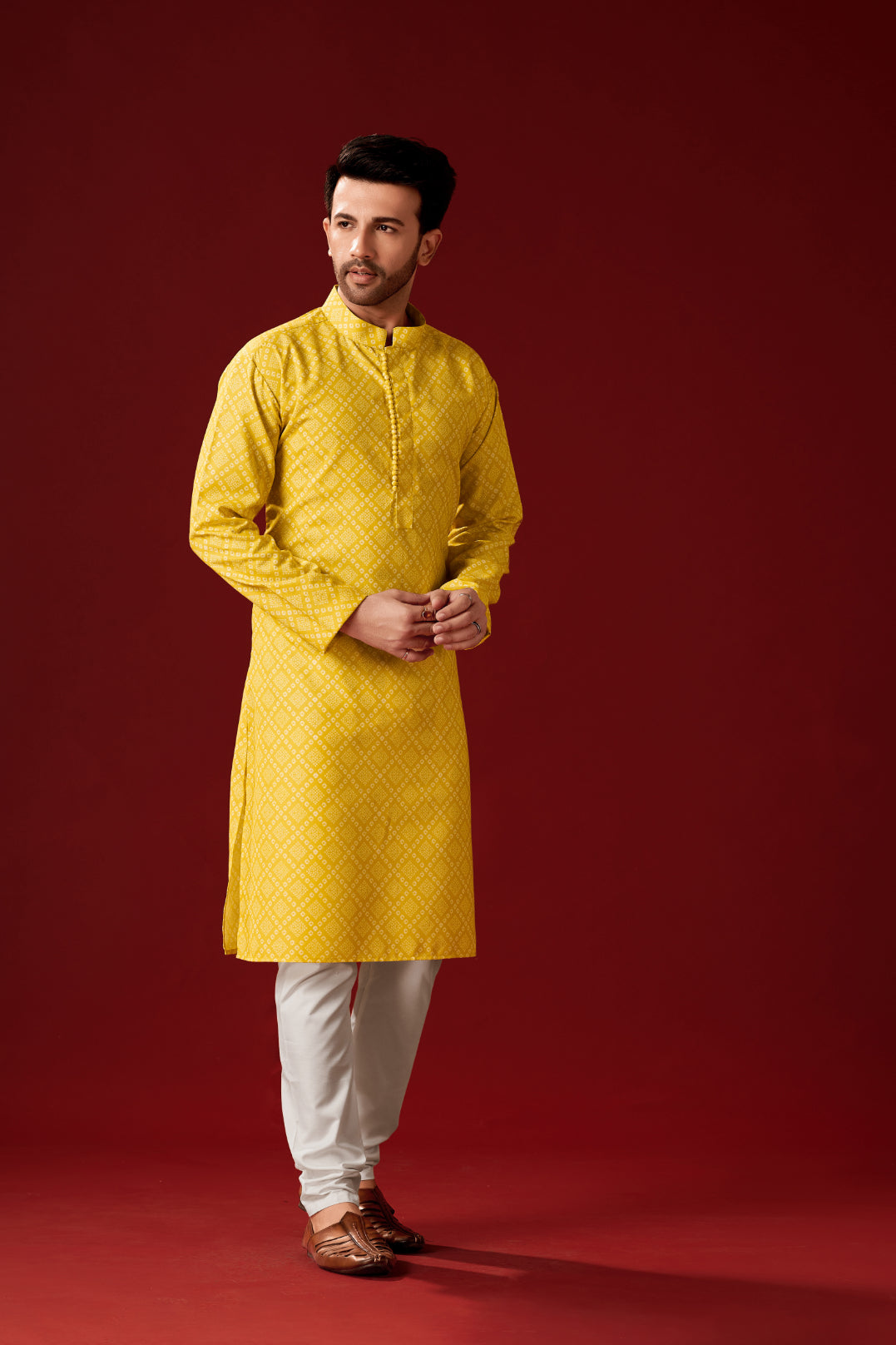 Men's Yellow Printed Cotton Kurta Pajama Set