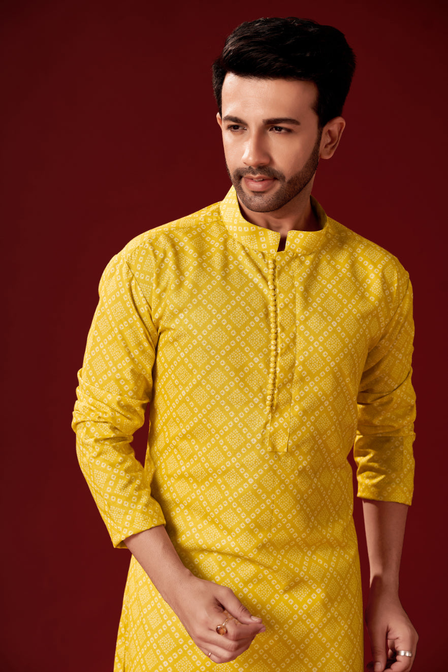 Men's Yellow Printed Cotton Kurta Pajama Set