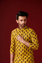 Men's Mustard Printed Tunic Cotton Kurta Pajama Set